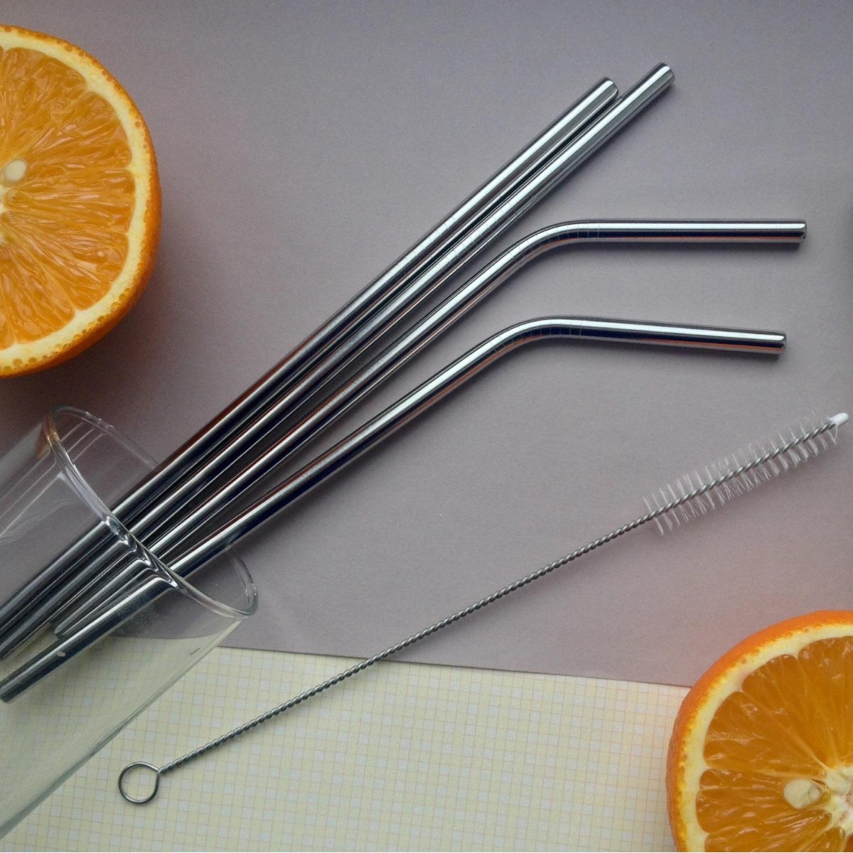 Набор металлических трубочек для холодных и горячих напитков Drink Straws 4 шт + щетка для чистки 