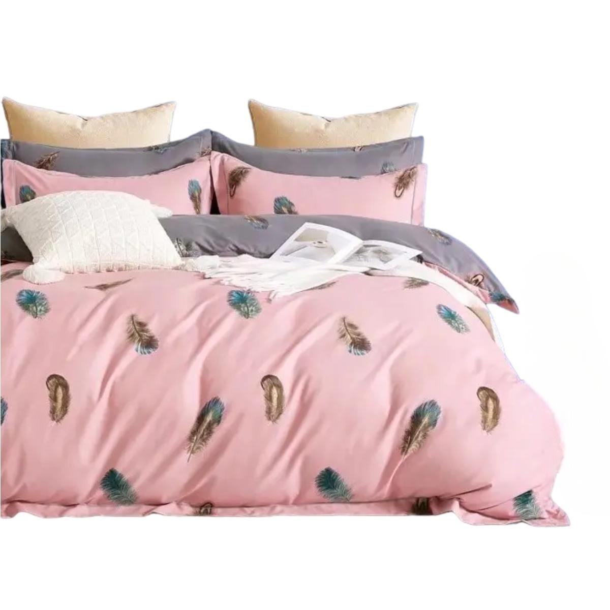 Комплект постільної білизни полуторний ZMW "Home Textiles" (37642) Коричневе пір'я на рожевому