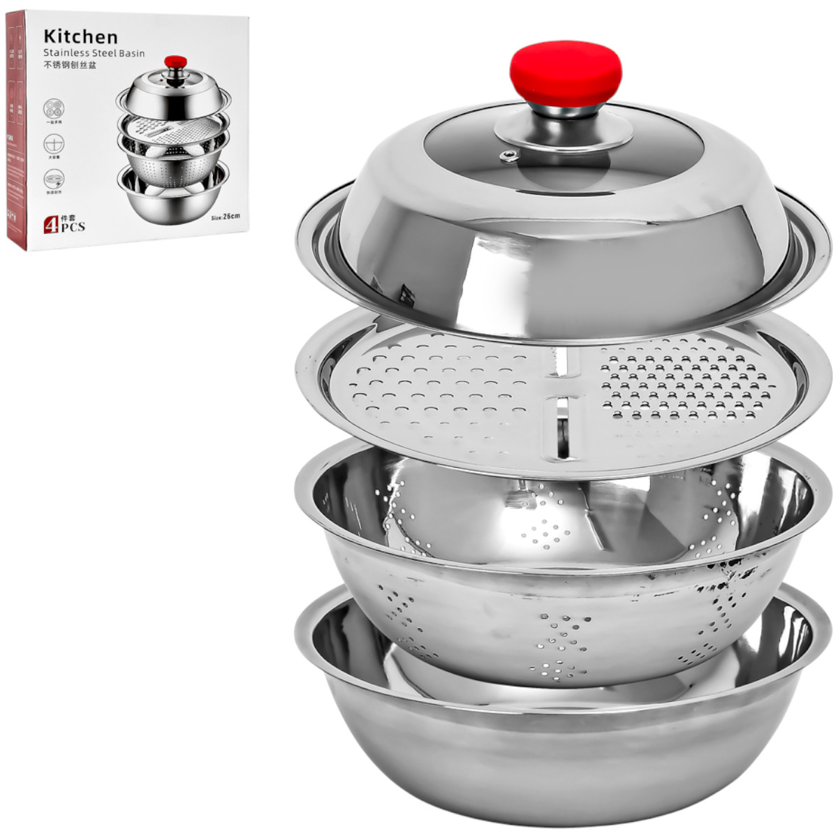 Многофункциональный кухонный набор миска, дуршлаг, терка, крышка Kitchen из нержавеющей стали 4 в 1