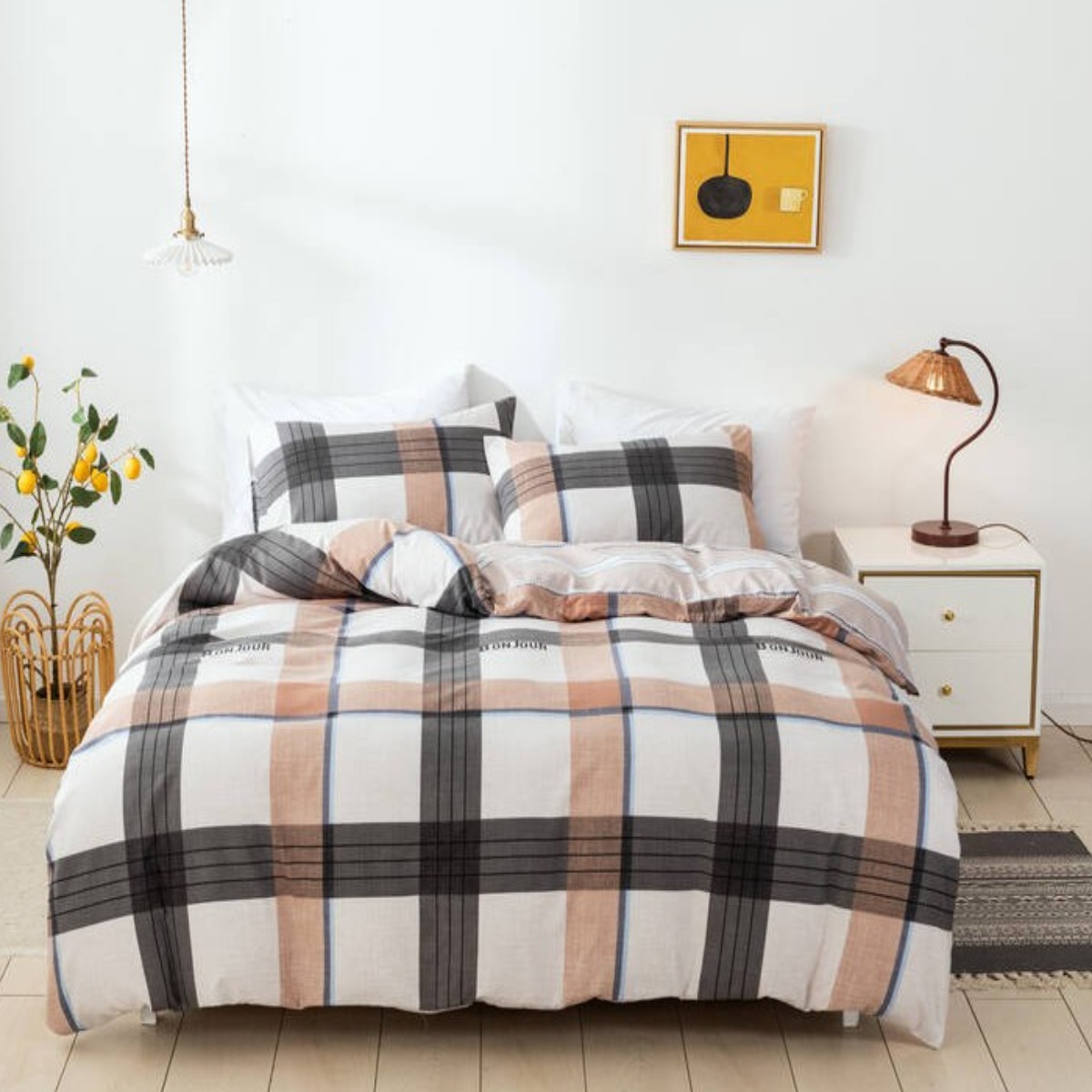 Комплект постельного белья полуторный ZMW "Home Textiles" (37469) Серо-оранжевая клетка