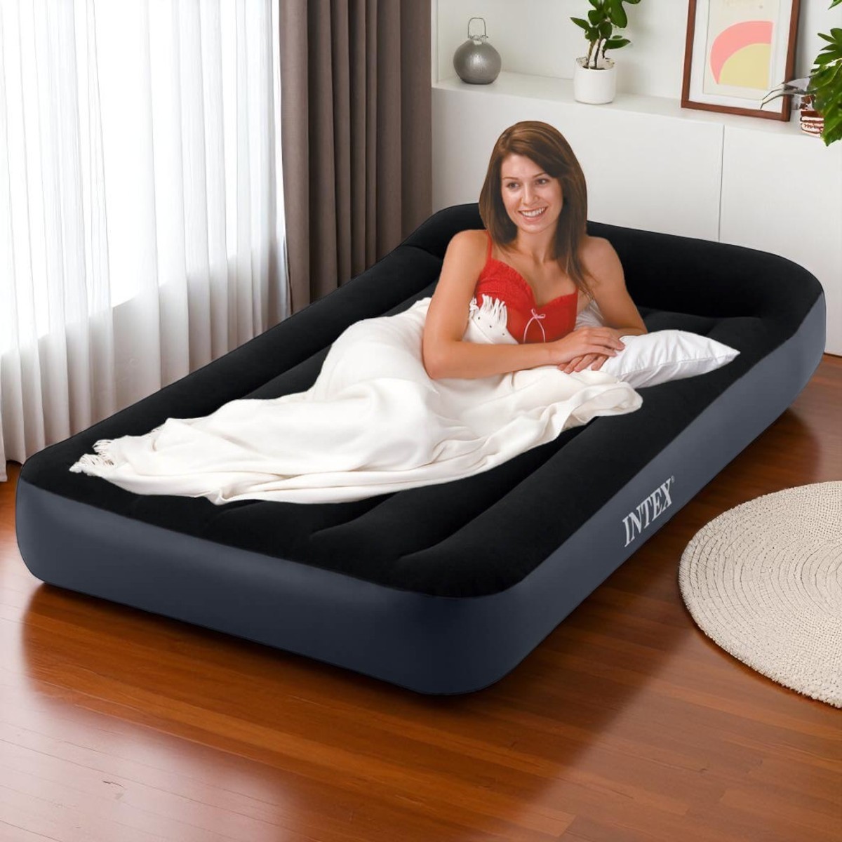 Надувная велюр кровать Intex с электронасосом 191 х 99 х 25 см (64146 ND)