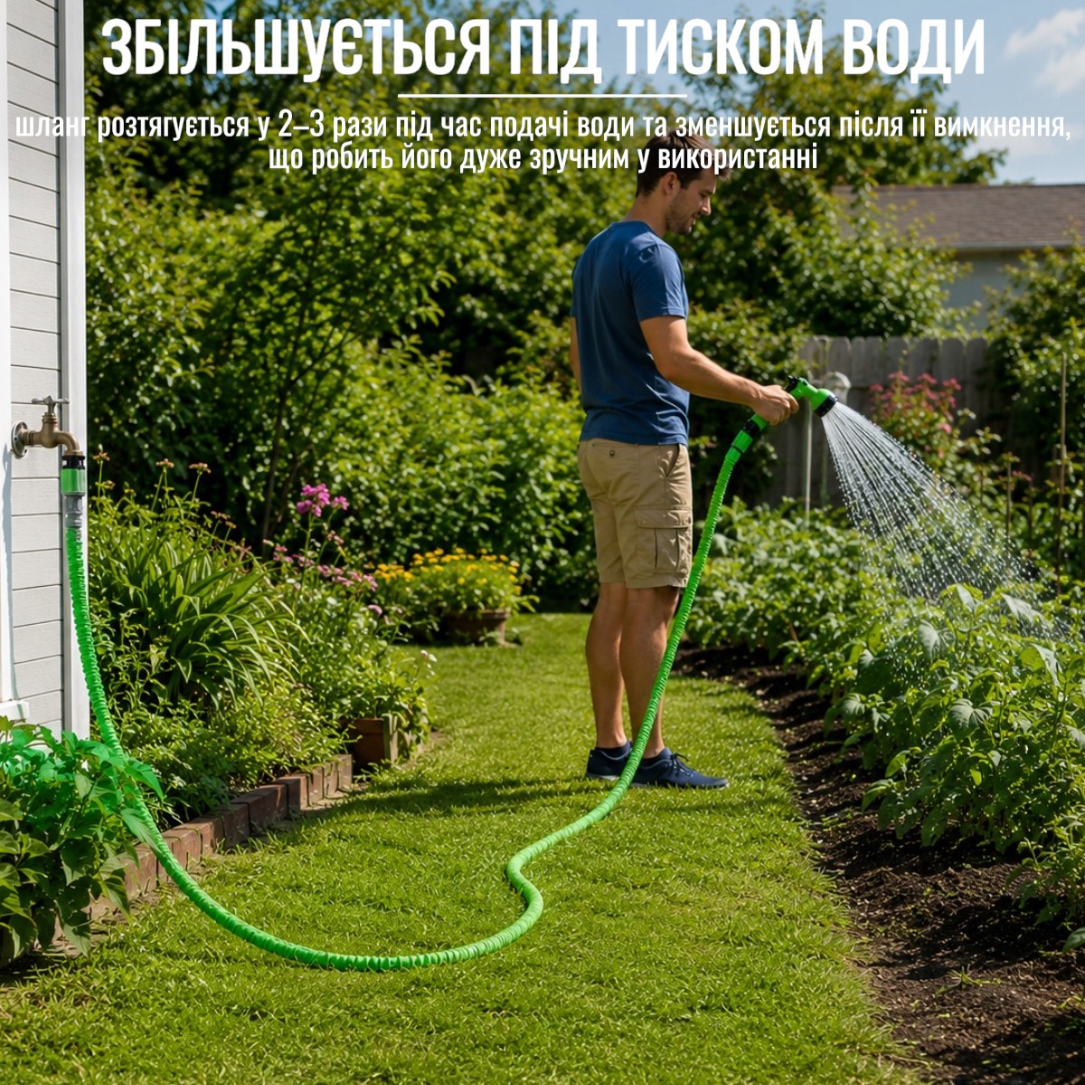 Шланг для полива растяжной Хhose в растянутом состоянии 15 м Зеленый
