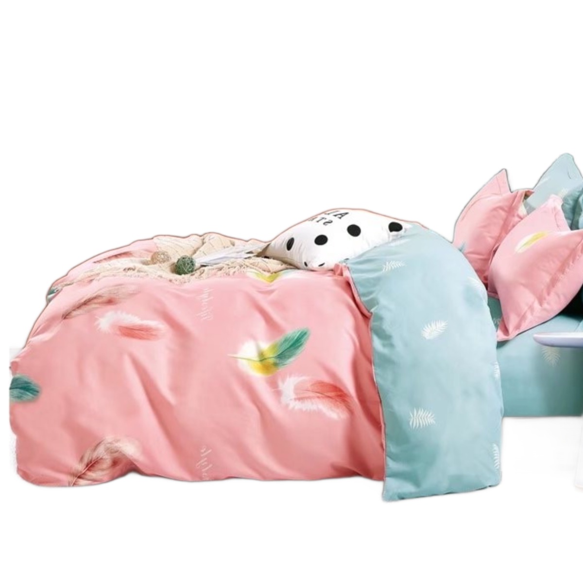 Комплект постільної білизни Євро ZMW "Home Textiles" сатин (37408) Кольорове пір'я на рожевому