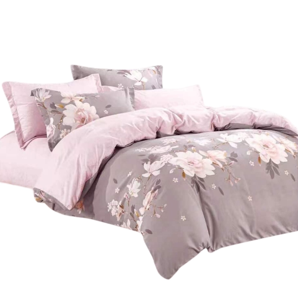 Комплект постельного белья двуспальный ZMW "Home Textiles" (37631) Розовые цветы на сером