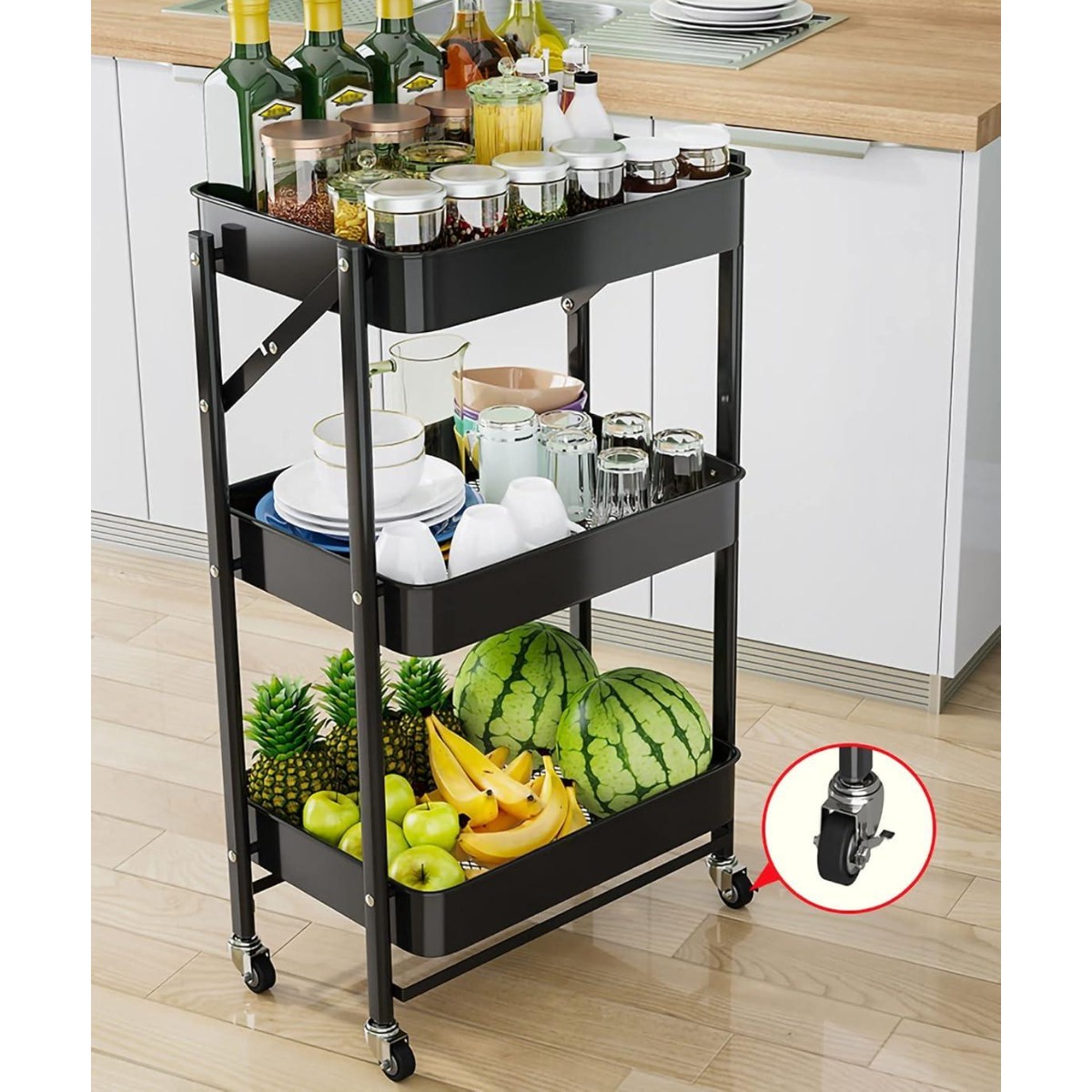 Этажерка на колесах Shelf On Wheels 3 яруса 45 х 29.5 х 76 см (R88690-BL) Черная