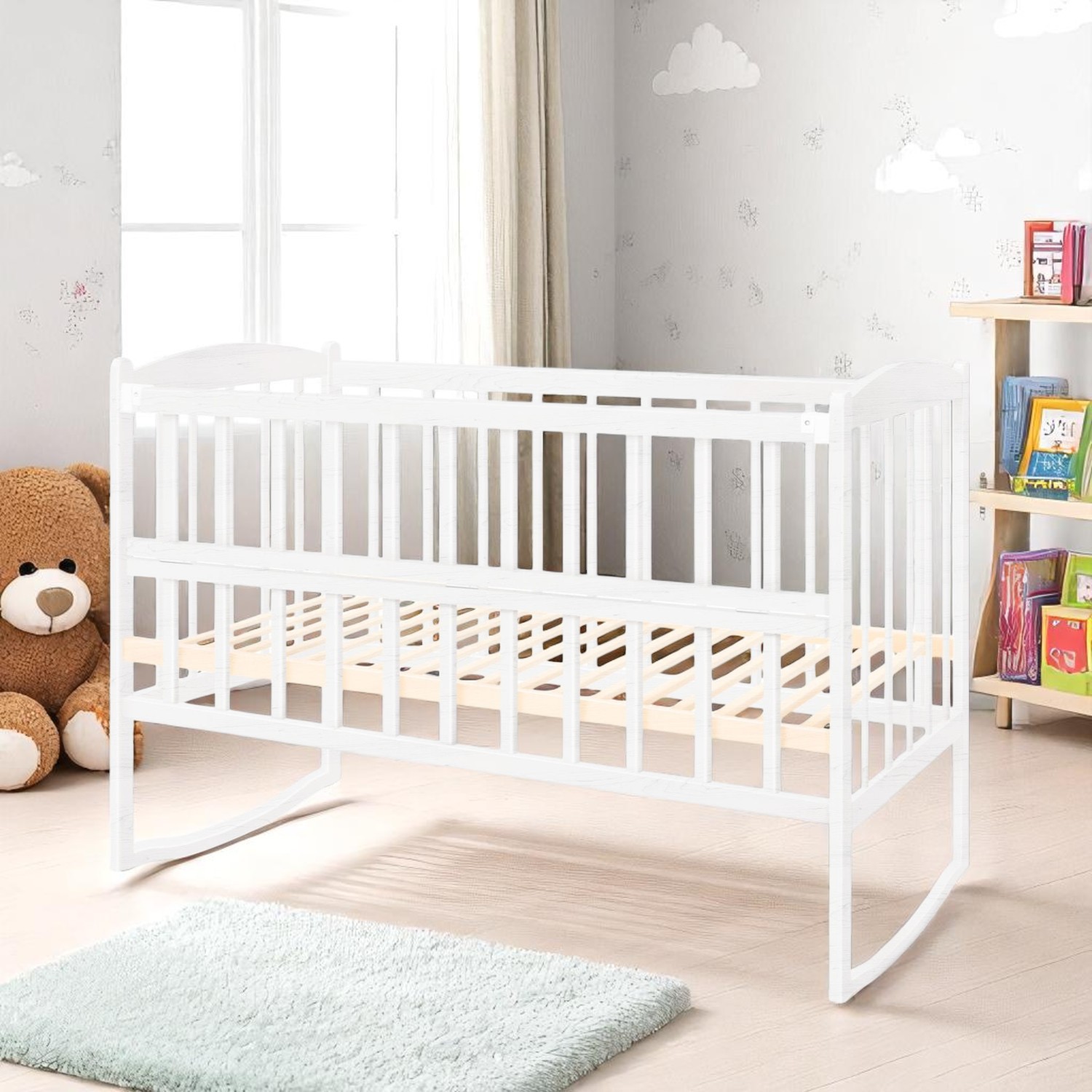 Ліжечко-гойдалка дитяче з відкидним бортиком TOYS "Райдуга" Біле