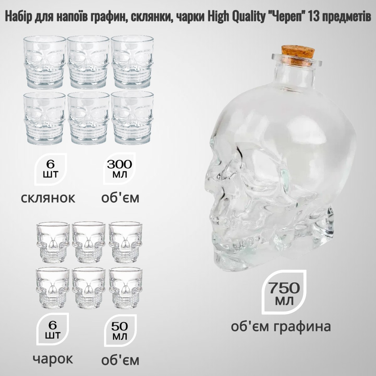 Набор для напитков графин, стаканы, рюмки High Quality "Череп" 13 предметов White