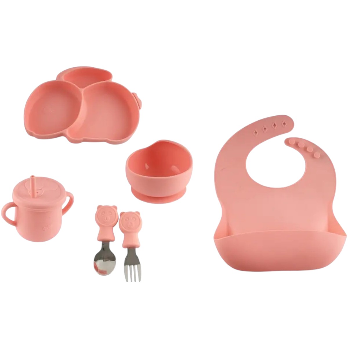 Детский силиконовый набор посуды для кормления Tableware Set "Зайчик" 6 предметов (MA-4907) (Светло-розовый)