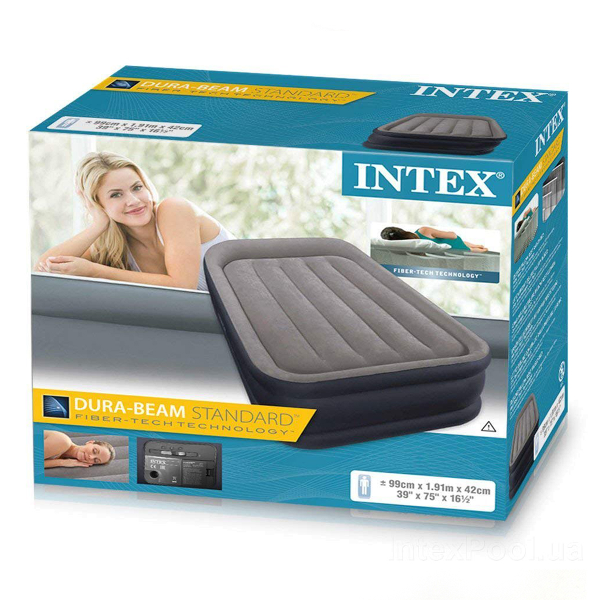 Надувная велюр кровать Intex с электронасосом 191 x 99 x 42 см (64132)