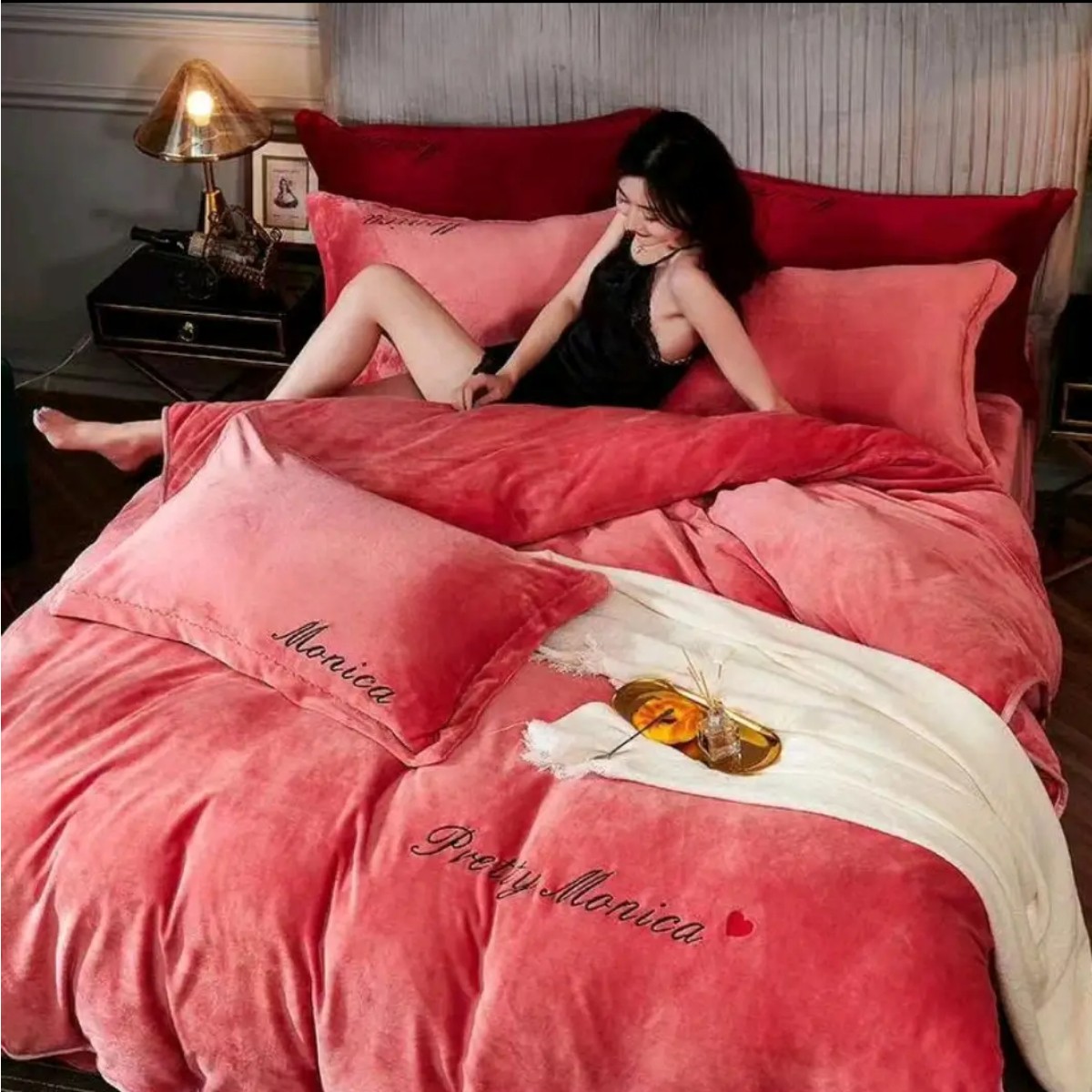 Велюрова постільна білизна Євро KOLOCO Monika (41059) Рожевий