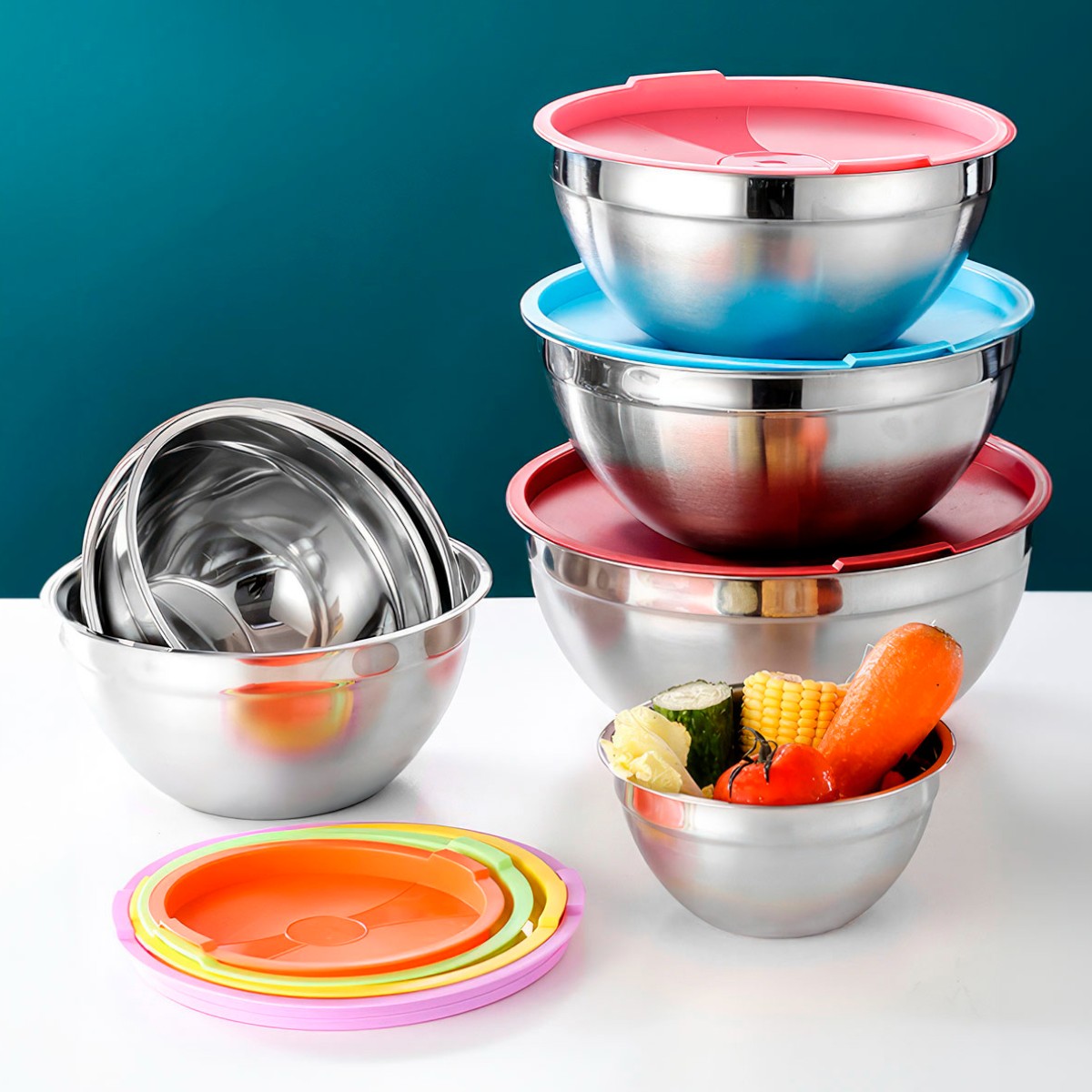 Набір мисок із кришками Salad Bowl із нержавіючої сталі 14 предметів (R93816-14)