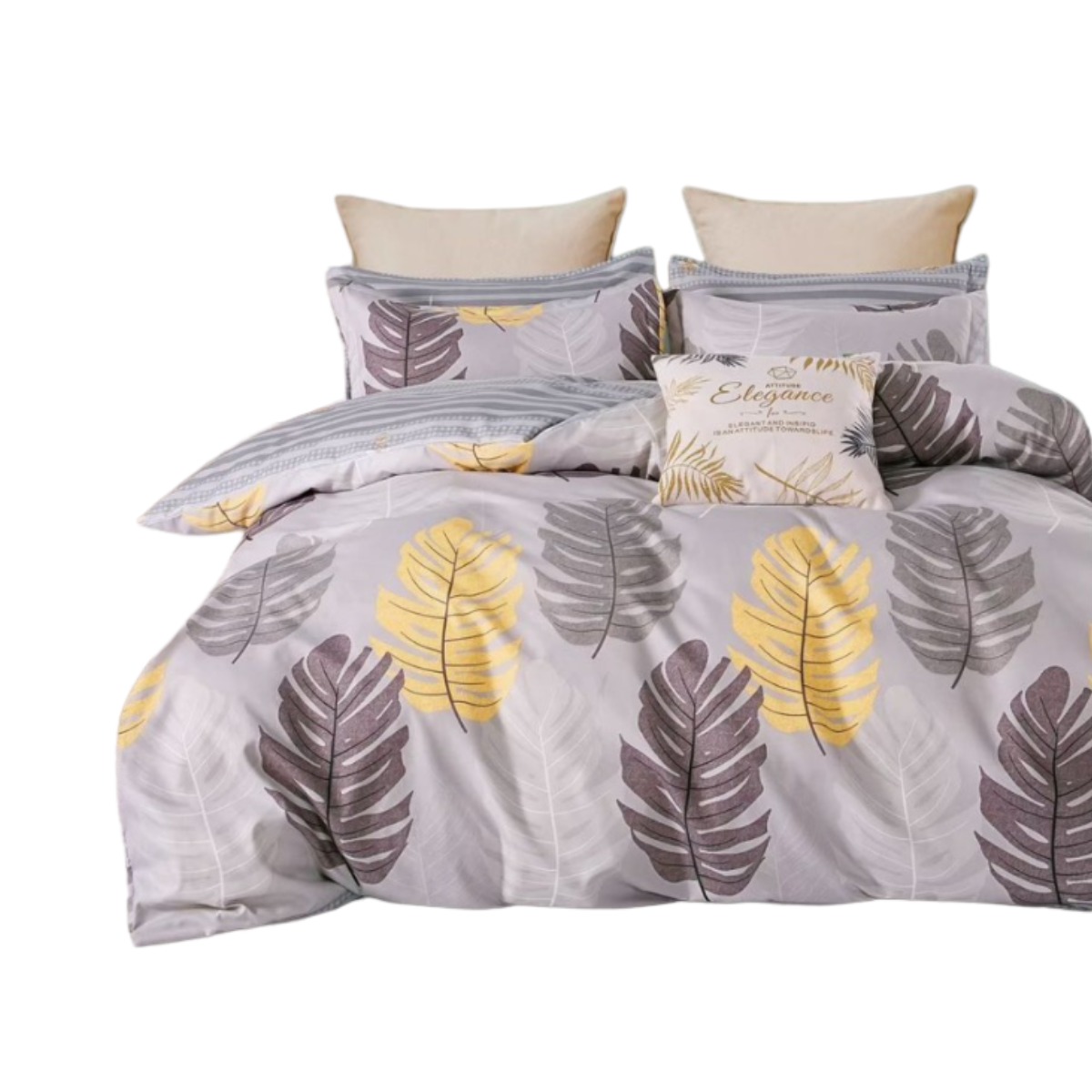 Комплект постільної білизни Євро ZMW "Home Textiles" сатин (37444) Жовте+Темно-сіре пір'я на сірому