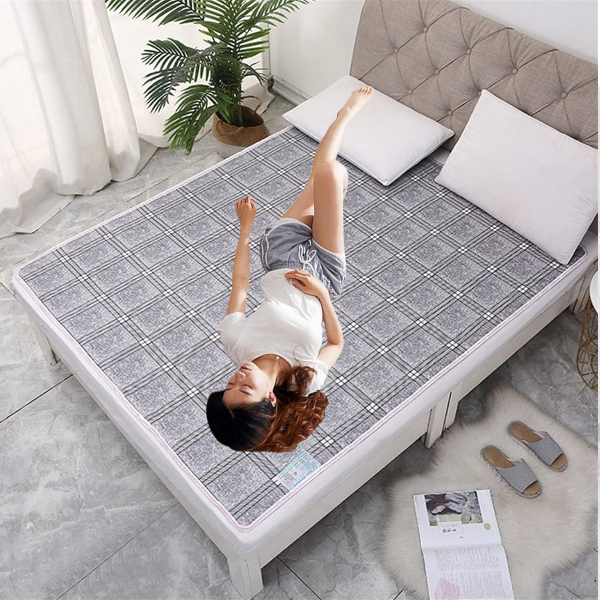 Электропростынь с сумкой electric blanket 150*120 клетчатая серая  (20)