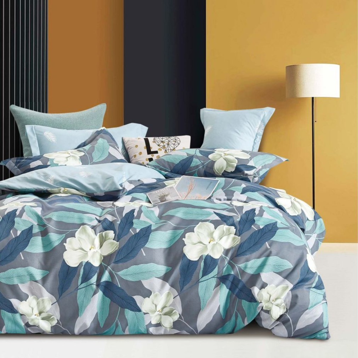 Комплект постельного белья двуспальный ZMW "Home Textiles" (37431) Сине-голубые листья+цветы