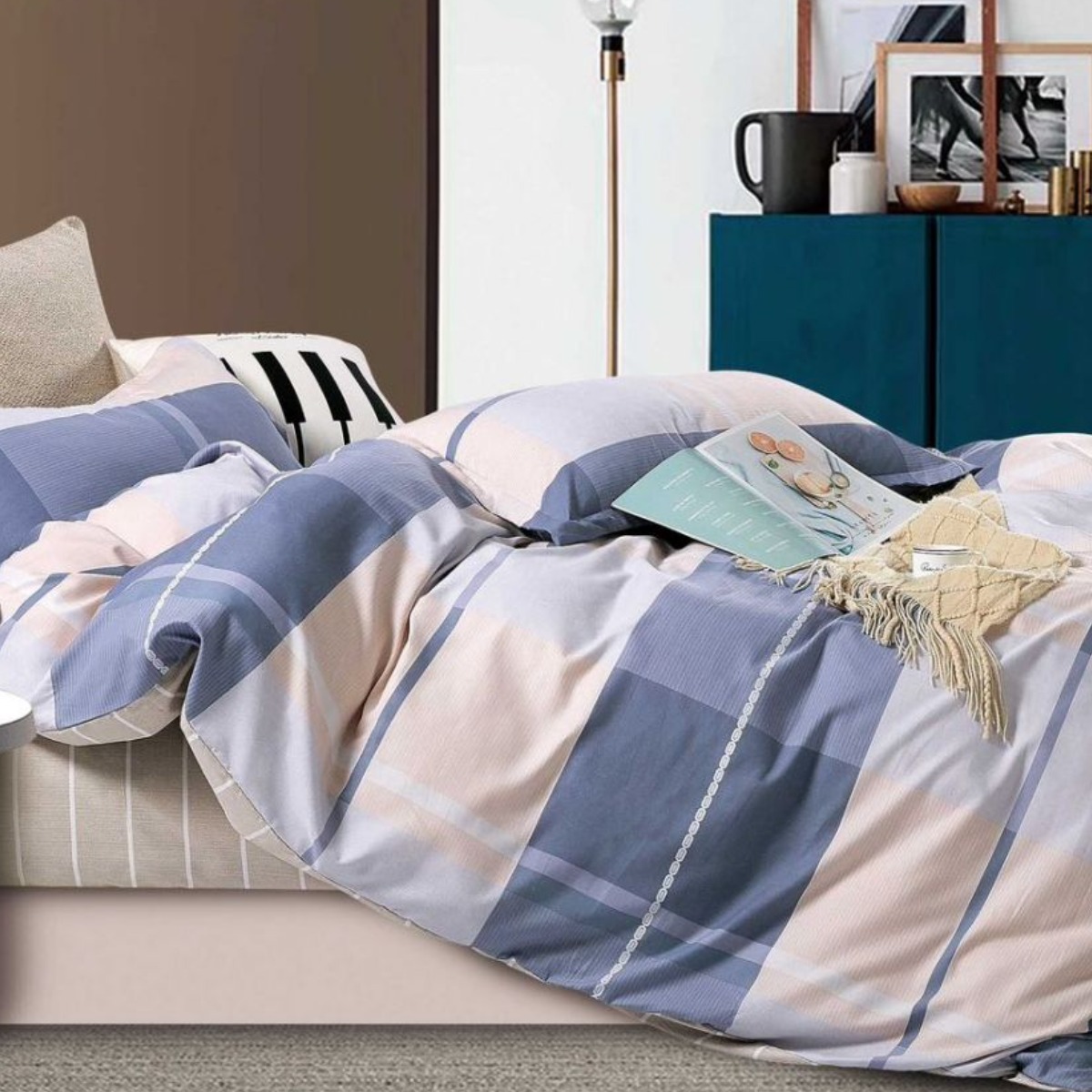 Комплект постельного белья полуторный ZMW "Home Textiles" (37461) Синие+Бежевые квадраты