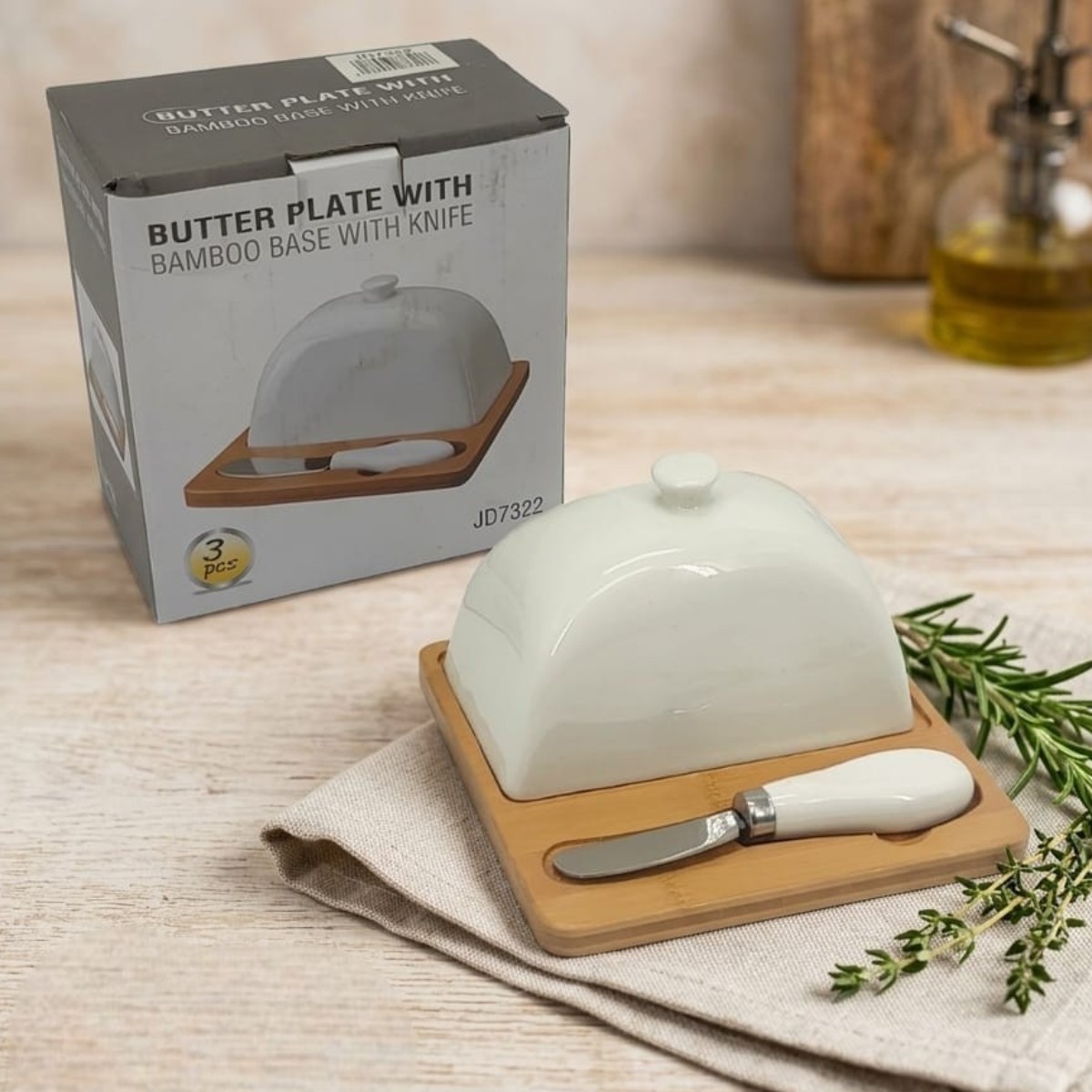 Маслянка керамічна BUTTER з бамбуковою підставкою та ножем для олії (7322 JD)