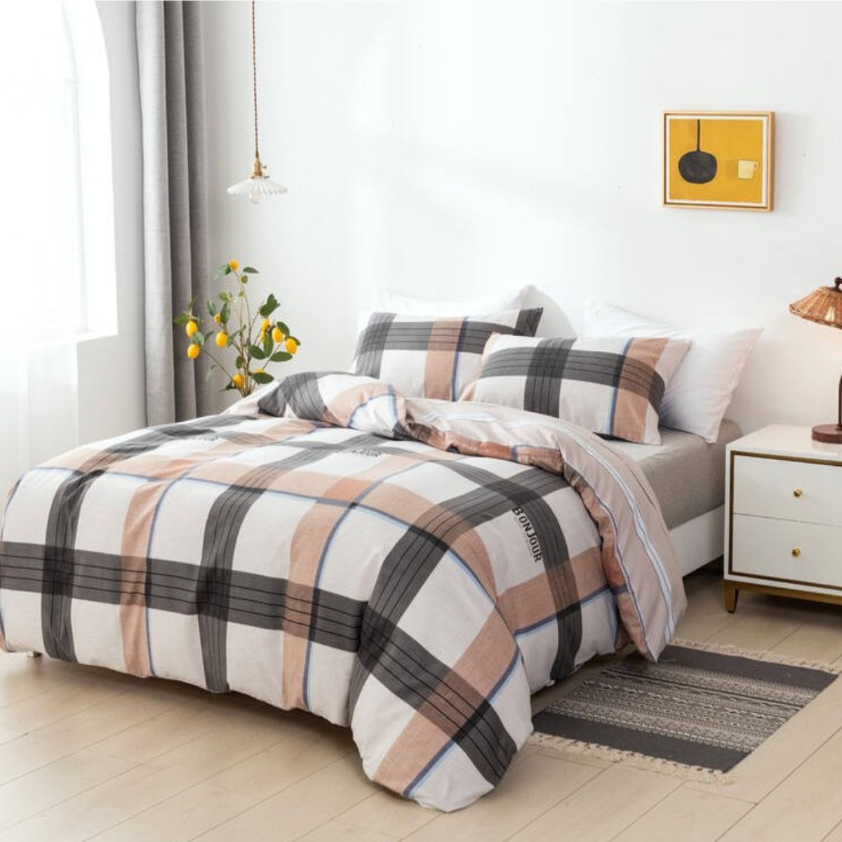 Комплект постельного белья полуторный ZMW "Home Textiles" (37469) Серо-оранжевая клетка