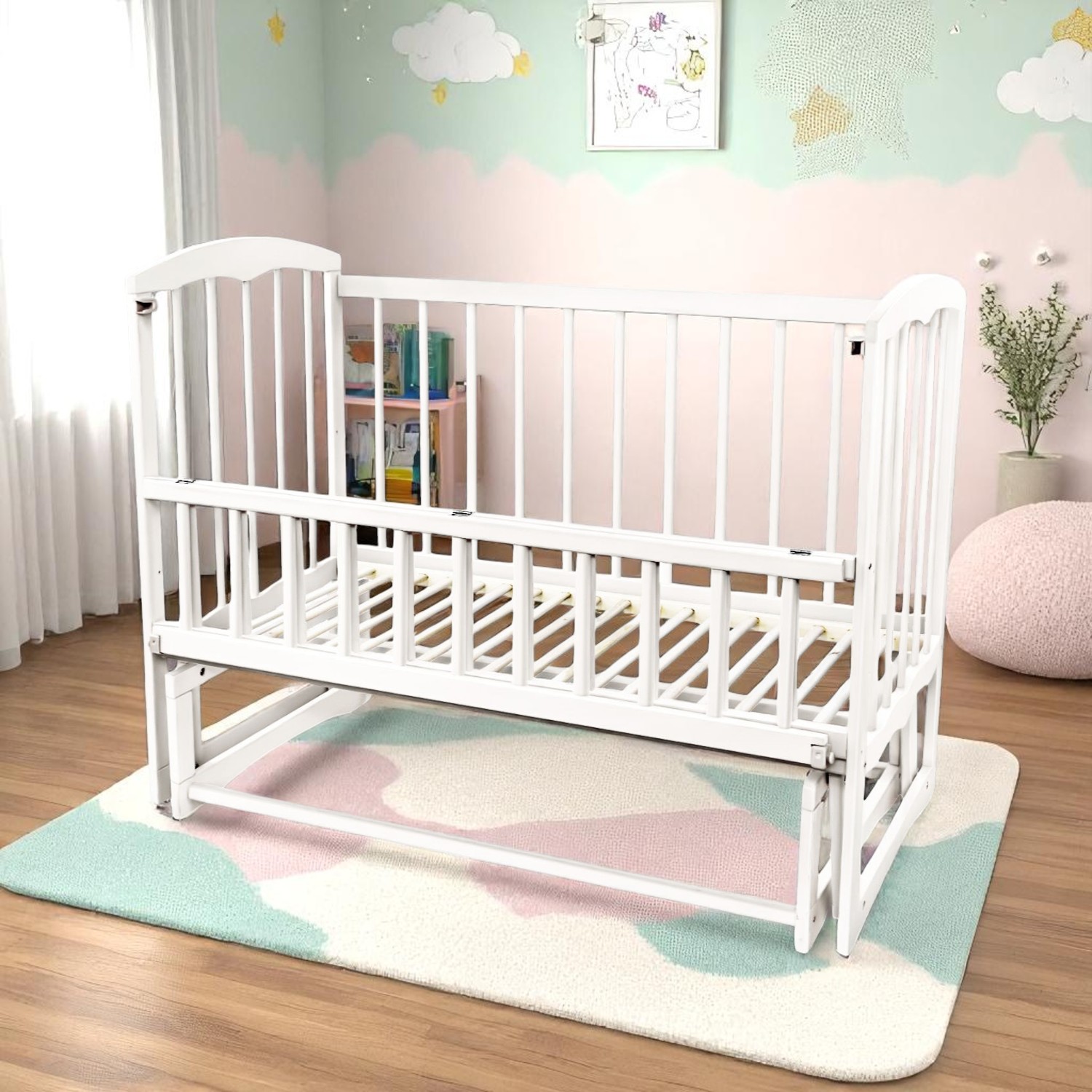 Кроватка детская маятник с откидным бортиком TOYS "Спим" Белая
