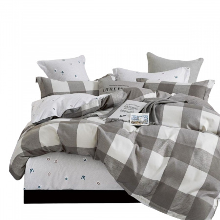Комплект постельного белья Евро ZMW "Home Textiles" сатин (37424) Серо-белые квадраты