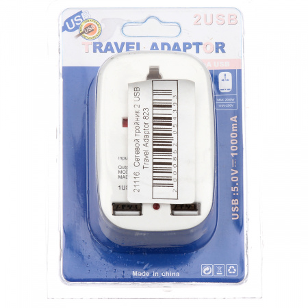 Сетевой тройник 2 USB Travel Adaptor 823 