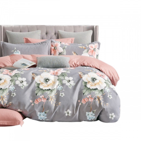 Комплект постельного белья полуторный ZMW "Home Textiles" (37464) Бежевые цветы на сером