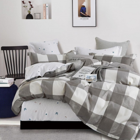 Комплект постельного белья Евро ZMW "Home Textiles" сатин (37424) Серо-белые квадраты